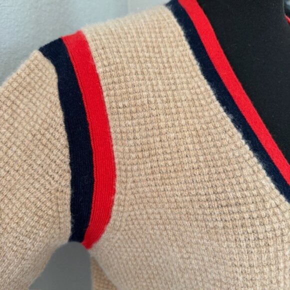 J Crew Cashmere Waffle Knit Cardigan Sweater Camel Tan Striped XS - Picture 12 of 14